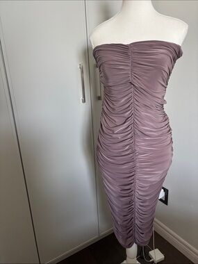 Club L London Strapless Ruched Midi Dress in Mauve
